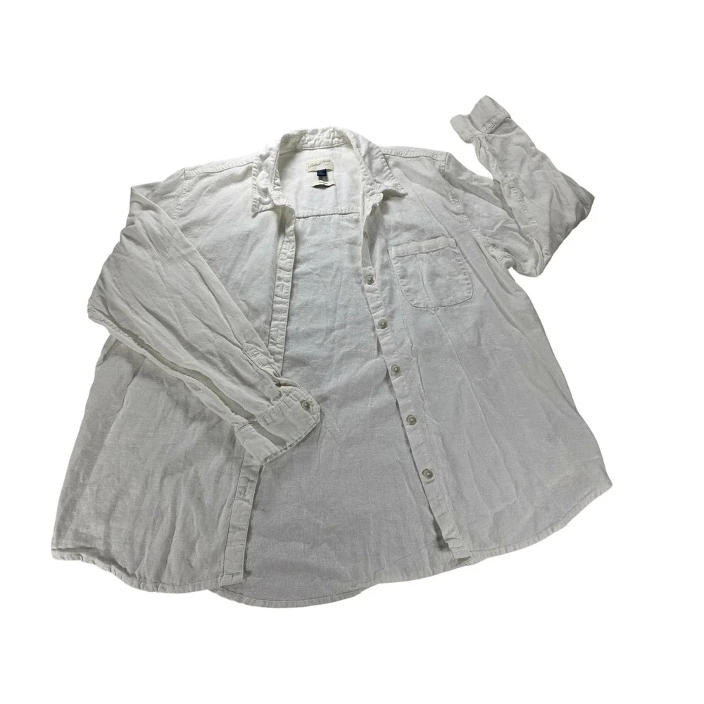 Japna M Tan‎ Beige Striped Boyfriend Button Up Linen Blend Casual Shirt Blouse